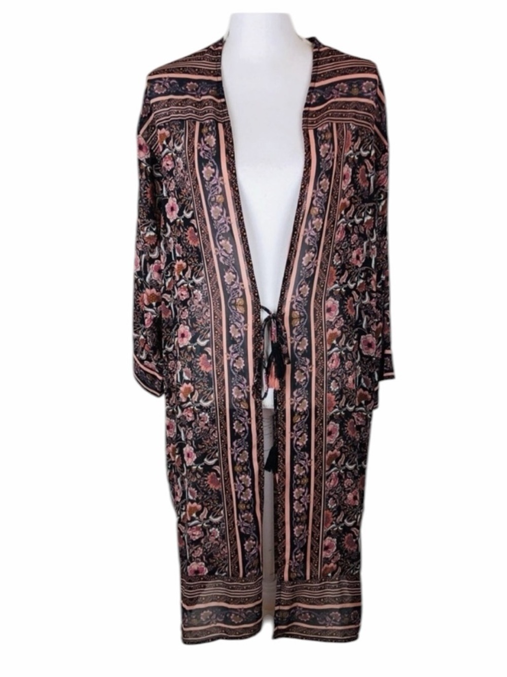 Xhilaration Black & peach print lsemi sheer cover up with tassels front ties